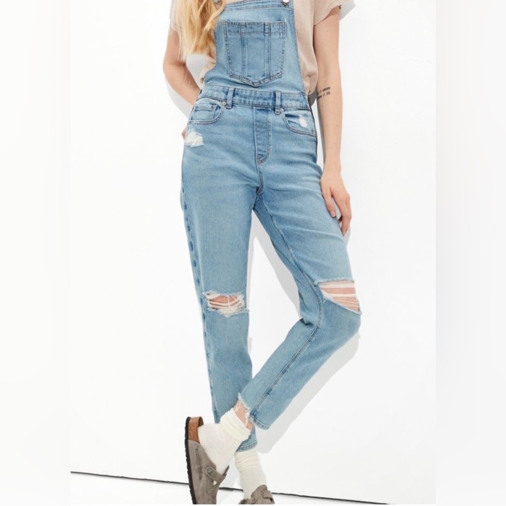 American Eagle Outfitters Distressed Relaxed Fit Denim Mom Overall Sz 16S